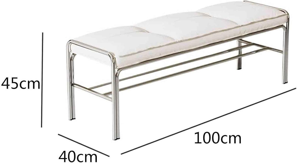 Modern Stainless Steel Long Bench with White Leather Cushion Home-use Soft-Pa...