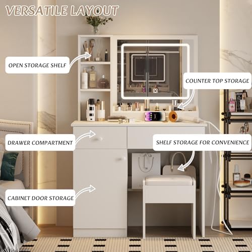 Dressing Table Set, Large Storage Space vanity with Mirror, Power Outlet, Mak...