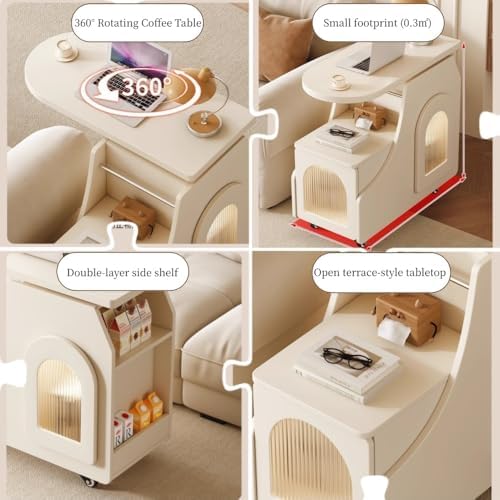Mobile Side Table with Storage, Sofa End Table with Rotating Top, Glass Door ...