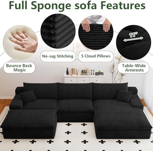 107" Cloud Couch Modular Sectional Sofa for Living Room, U-Shape Couch w...