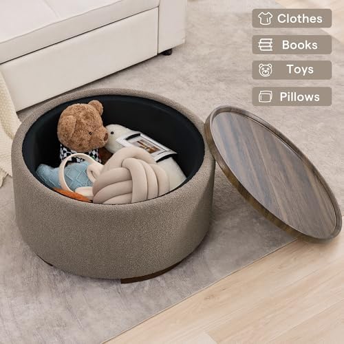 29.5 Inch Round Storage Ottoman Coffee Table, Brown Teddy | Modern Circle Cof...