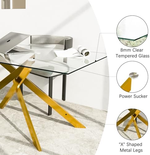 51" Modern Gold Glass Dining Room Table Set for 4, 5-Piece Rectangle Kit...