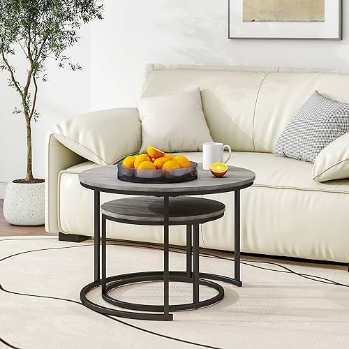 HOJINLINERO Round Nesting Coffee Tables Set of 2,Black+Warm Grey,Large | Cent...