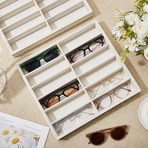 2 Pcs Sunglass Organizer Trays Glasses Stackable Jewelry Trays Sunglass Organizer Display Box (12 Grids,Beige)