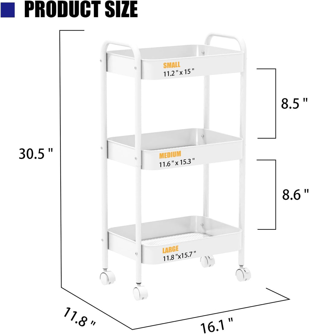 3-Tier Metal Utility Rolling Cart, Multi-Functional Storage Trolley for Office, Living Room, Kitchen, Movable Storage Organizer with Wheels, White