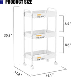 3-Tier Metal Utility Rolling Cart, Multi-Functional Storage Trolley for Office, Living Room, Kitchen, Movable Storage Organizer with Wheels, White