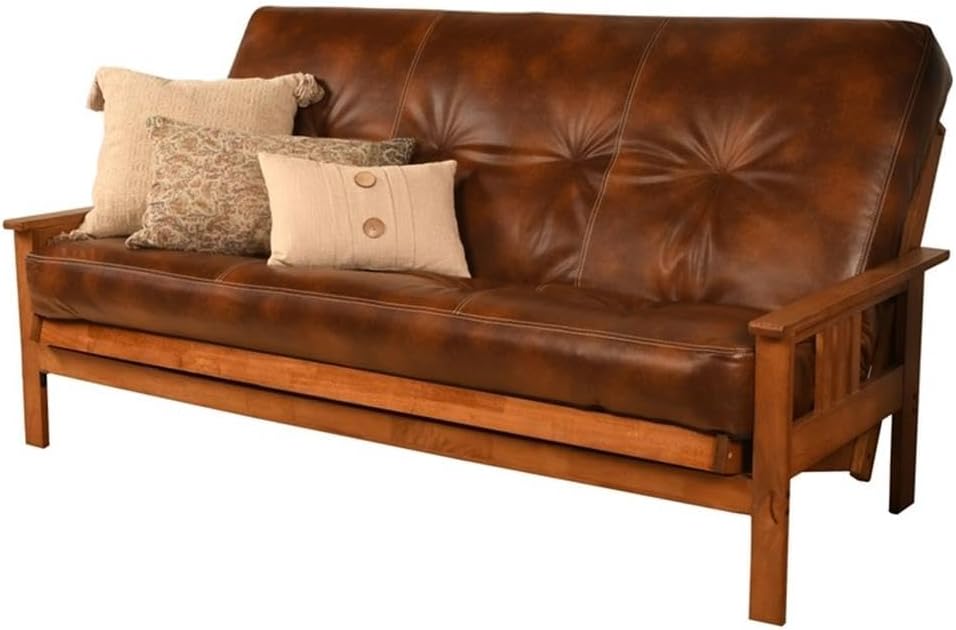 Pemberly Row 75" Traditional Full-Size Faux Leather Futon Mattress with Hinged Innerspring, Foam Construction, in Saddle Brown Finish, Frame Not Included