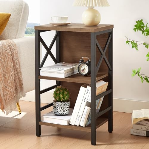 MNEETRUNG Small Bookshelf, 3 Tier Industrial Shelf with Metal Frame and Backb...