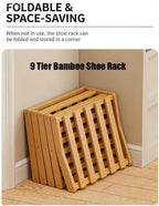 The 9-Tier No-Assembly Bamboo Rack, 2026 New 9 Tier Bamboo Shoe Rack, Bamboos Shoes Storage Racks, Foldable Vertical Organizer for Entryway, Closet, Bedroom, Small Spaces (Brown 9 Tier)