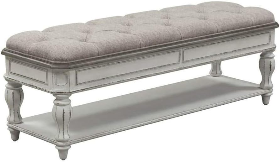 Starlight Canyon Home Antique White Bedroom Bench with Storage Shelf, Upholst...