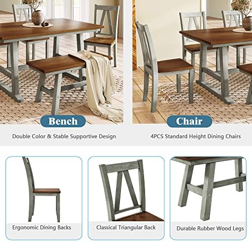 6-Piece Dining Table Set, 4 Chairs + Long Bench, Farmhouse, Gray