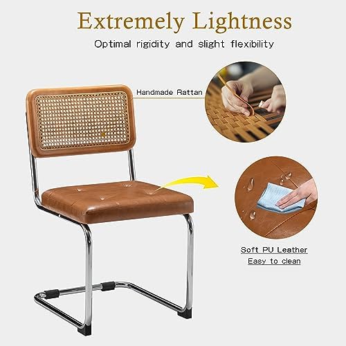 Dining Chairs Set of 4, Natural Rattan Brown Kitchen Side Chairs-PU Seat
