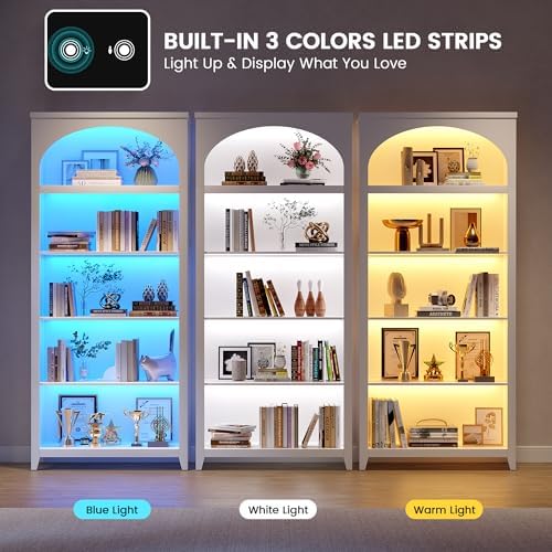 Arched Bookshelf with LED Lights, 70" White Bookcase for Bedroom