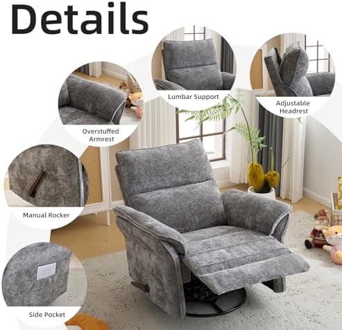 Oversized Glider Rocker Recliner, 24" Extra Wide 360° Swivel Nursery Recliner with Adjustable Headrest, Chenille Rocking Nursery Chair with Overstuffed Armrest, Lumbar Support, Dark Grey