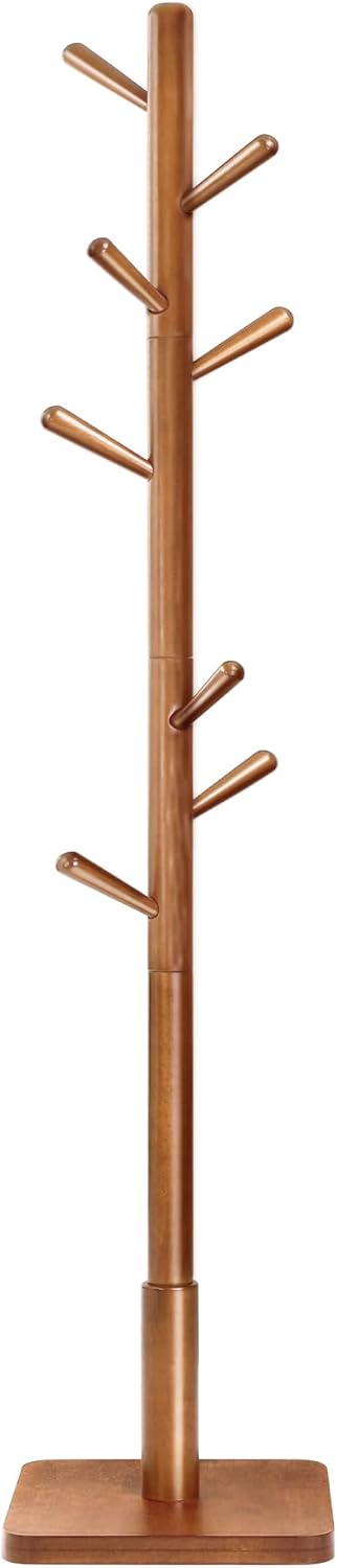 VASAGLE Solid Wood Coat Rack, Free Standing Hall Coat Tree with 8 Hooks, 3 Height Options, for Coats, Hats, Bags, Purses, for Entryway, Hallway, Rubberwood Hooks and Pole, Dark Walnut URCR010W01