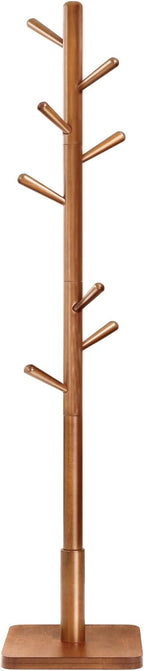 VASAGLE Solid Wood Coat Rack, Free Standing Hall Coat Tree with 8 Hooks, 3 Height Options, for Coats, Hats, Bags, Purses, for Entryway, Hallway, Rubberwood Hooks and Pole, Dark Walnut URCR010W01