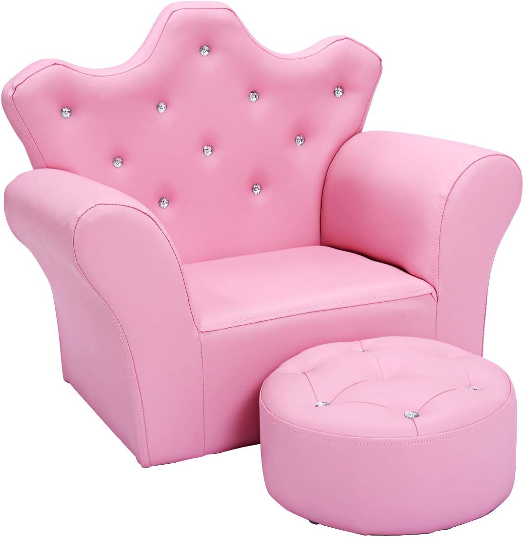 Costzon Kids Sofa, Children Upholstered Sofa with Ottoman, Princess Sofa with Diamond Decoration, Ottoman, Smooth PVC Leather Toddler Chair, Kids Pink Couch for Preschool Boys and Girls Gift (Pink)