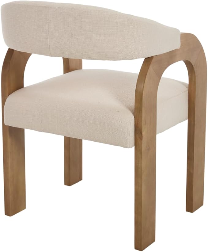 Farmhouse Dining Chairs Set of 4 - Upholstered Armchairs with Linen Cushions & Curved Wooden Arms, Barrel Wood Kitchen Chairs for Dining Room/Cafe/Kitchen Island (Oatmeal Beige)