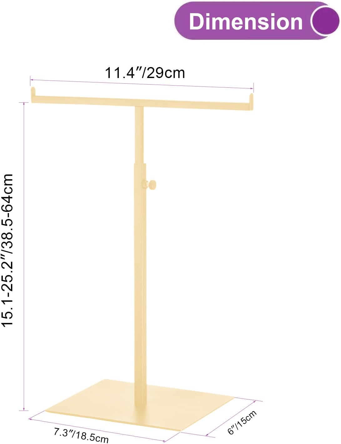 Purse Display Stand T Shaped, Countertop Jewelry/Scarf/Handbag T-Bar Display Stand, Tabletop Double Hook Hanging Stands for Long Necklaces, Metal with Adjustable Height - Gloden