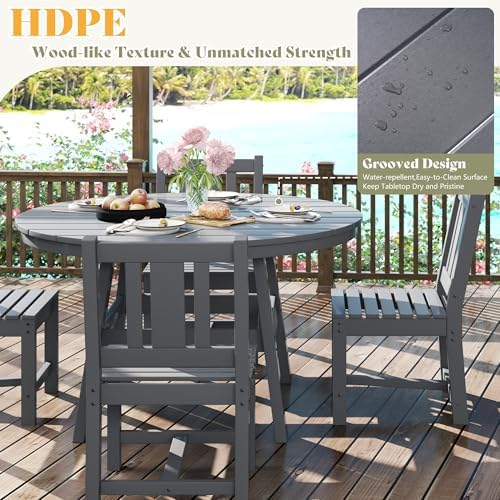 AMERLIFE Outdoor Dining Set for 4, HDPE Round Table and Chairs, Gray