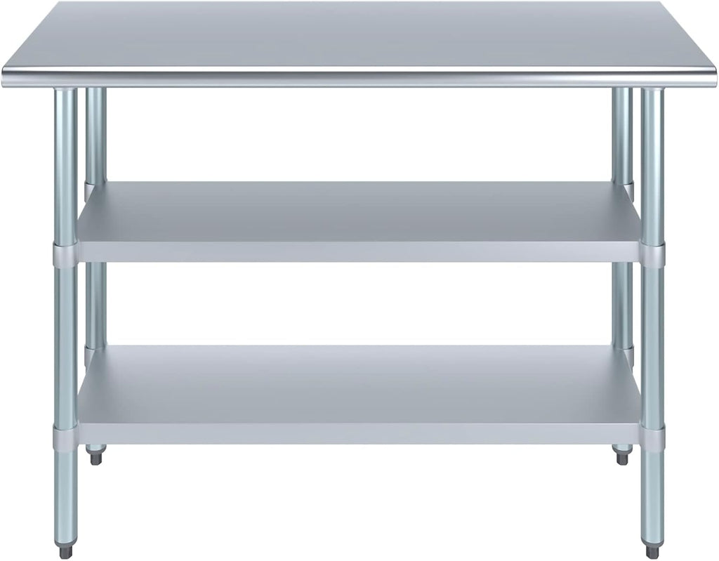 48" Long X 18" Deep Stainless Steel Work Table with 2 Shelves | Metal Food Prep Station | Commercial & Residential NSF Utility Table