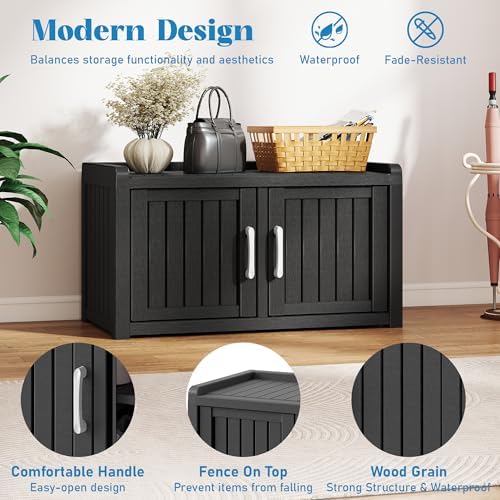 2-Tier Storage Bench, Waterproof UV-Resistant Outdoor Shoe Storage Cabinet wi...