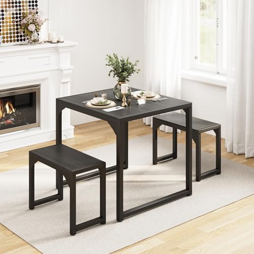 Gizoon Square Dining Table Set for 2, Kitchen Table with 2 Benches Black