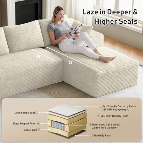 ONEMMLION 96" L-Shaped Cloud Couch Sofa with Chaise, Beige White