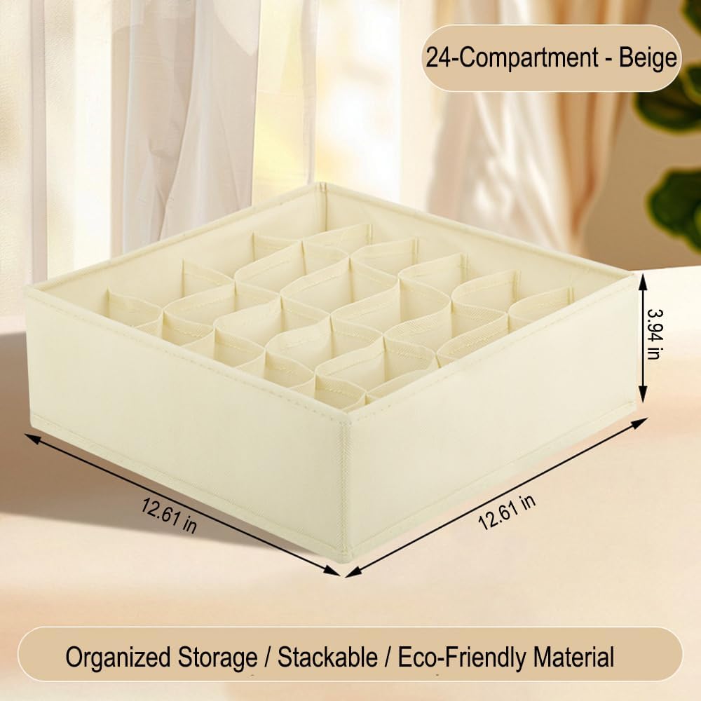 3 Pack Sock Underpants Drawer Organizer Dividers, 24 Cell Fabric Foldable Dresser Organizer for Closet Organizers and Storage Boxes for Organizing Socks, Underwear, Ties, Belts, Beige