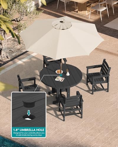 SERWALL 5-Piece HDPE Round Dining Set, 45" Table, 4 Chairs, Black