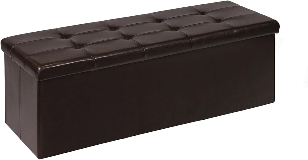 PINPLUS Folding Storage Ottoman Bench, Brown Faux Leather | Storage Chest wit...