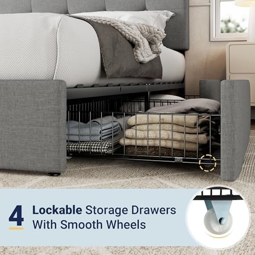Allewie King Size Storage Bed Frame with 4 Underbed Drawers, Light Grey