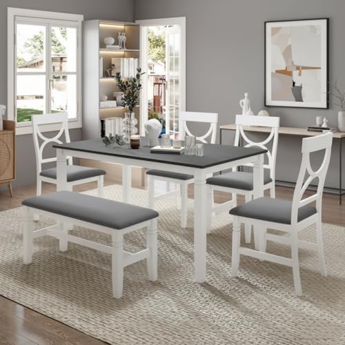 LUMISOL 6 Piece Farmhouse Dining Table Set with Bench for 6, White+Gray