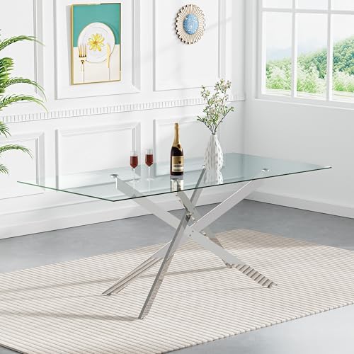 7 Piece Glass Dining Table Set Modern Glass Dining Table Set for 6, 61" ...