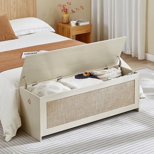 51.2" Storage Chest Large,Wooden Rattan Storage Bench.(White Cream) | St...