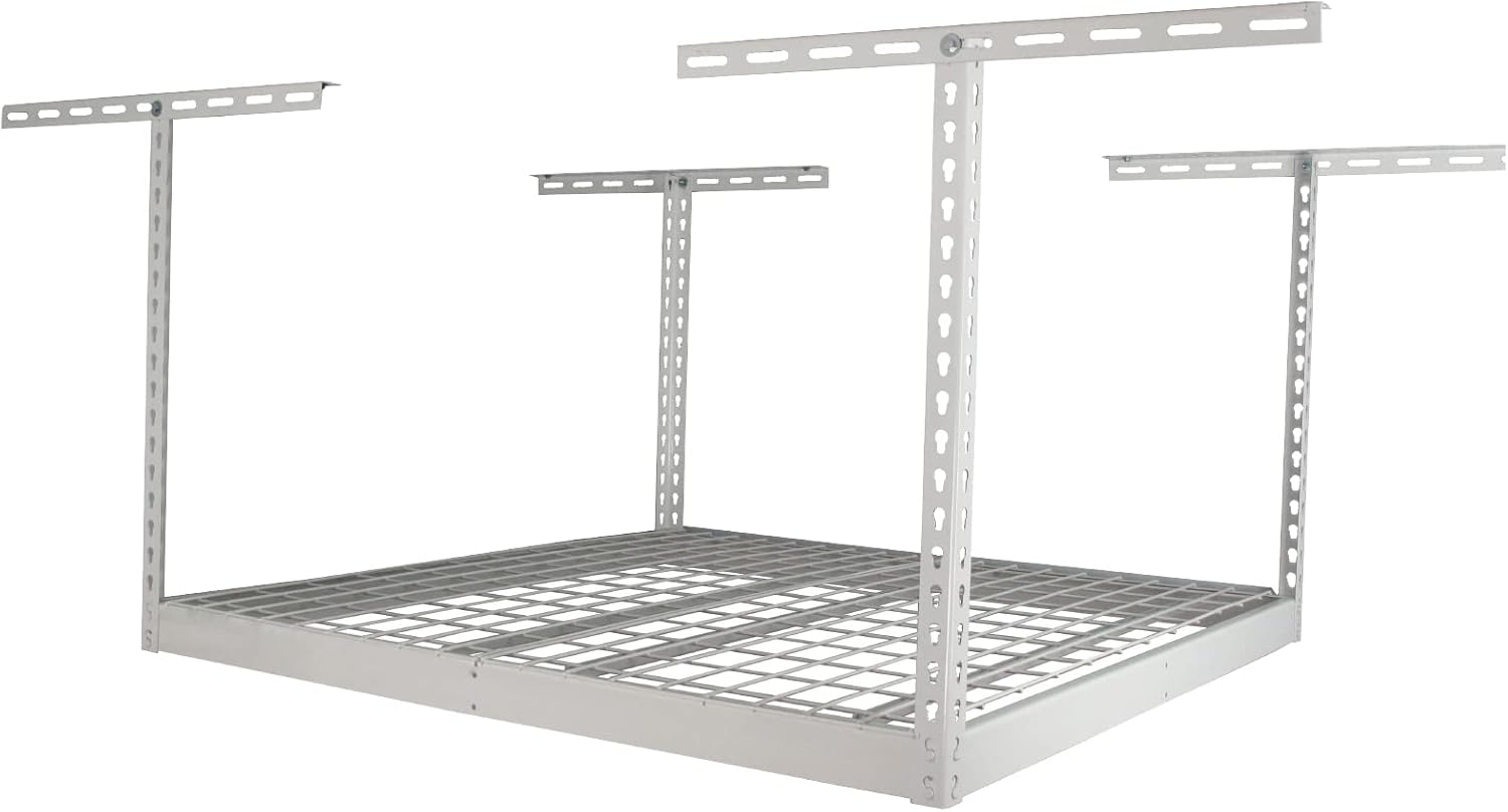 SafeRacks Overhead Garage Storage Rack - Heavy Duty Racks for Garage with 250 lb Capacity, Easy Garage Shelving, Adjustable Storage Rack, Ceiling Mount Storage Shelves 4x4 White (24"-45")