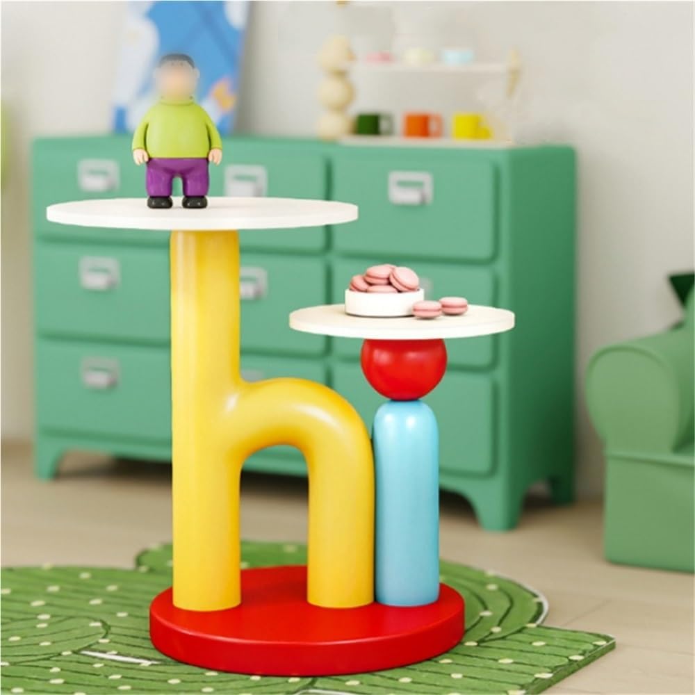 Round End Table with Double-Layer Tabletop, Cute HI-Shape Side Table, Colorfu...
