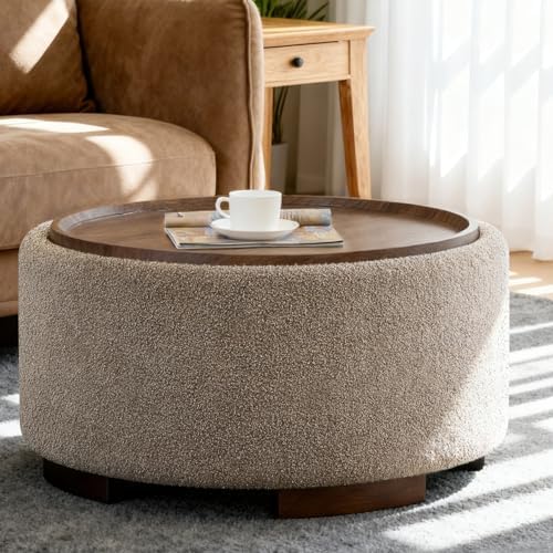 29.5 Inch Round Storage Ottoman Coffee Table, Brown Teddy | Modern Circle Cof...