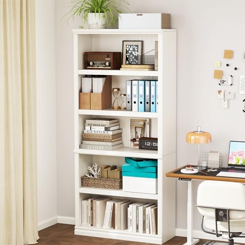 Bevfint 70-Inch Tall White Bookcase, 5 Tiers Shelves Open Storage Bookshelf