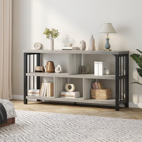 IBF Low Horizontal Bookshelf, Industrial Bookcase, Light Grey Oak, 47 Inch