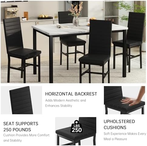 Hooseng Dining Table Set for 4, 5-Piece Faux Marble Dinner Table Set with 4 U...