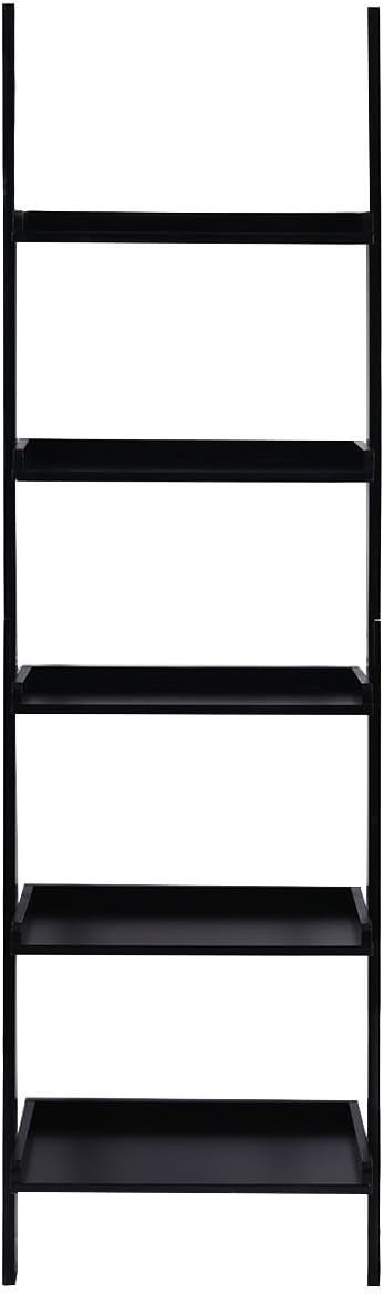 Tangkula Ladder Bookcase 5-Tier Wood Leaning Shelf Wall Plant Stand for Home Office Modern Flower Book Display Shelf Storage Rack Stable A-Frame Wooden Ladder Shelf (Black)