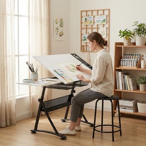Magshion Drafting Table for Adults w/Stool, White