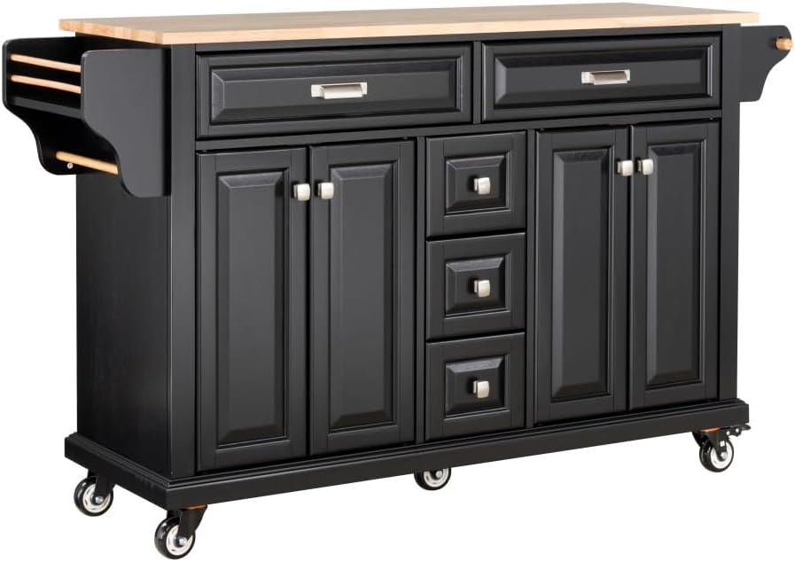 Kitchen Island with Rubberwood Top, 5 Drawers, Cabinet and Wheels, Black | Ro...