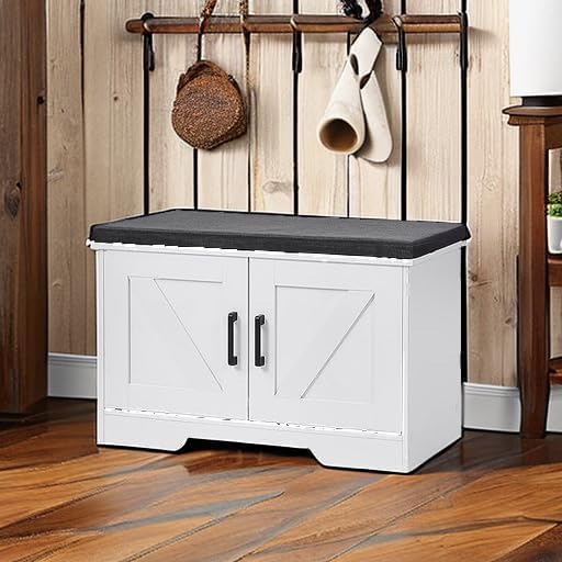 HOMSHO Farmhouse Shoe Storage Bench with 2 Barn Doors & Padded Seat Cushi...