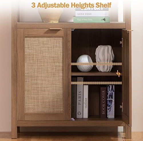 SICOTAS 71" Tall Rattan Bookshelf with Doors for Living Room Library