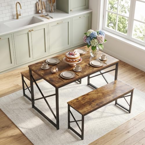 VECELO 43.3" Kitchen Dining Table Set for 4, Heavy-Duty Steel Frame &amp...