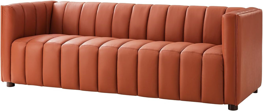HULALA HOME 83" Genuine Leather Sofa with Channel Tufted Design, Brick | Modern 3-Seater Couch with Wood Legs, Supportive Seating, Easy Assembly, for Living Room Bedroom Apartment