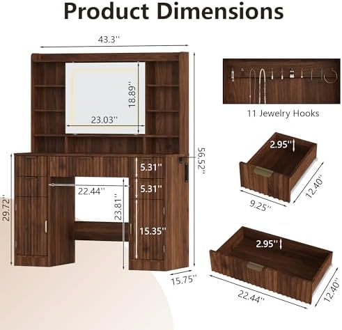 43.3" Fluted Vanity Desk with Mirror and Lights, Modern Makeup Vanity Ta...