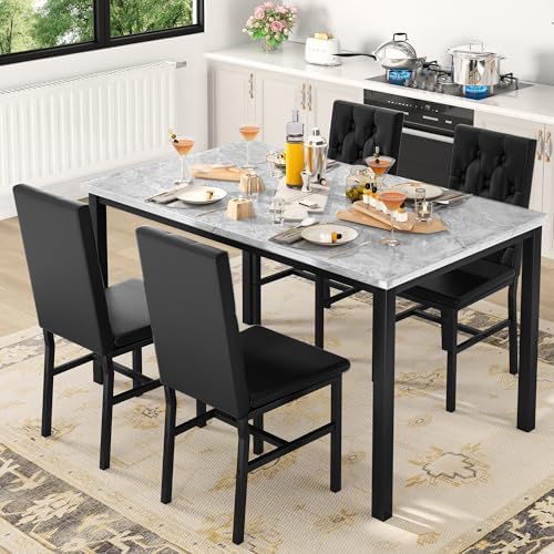 Hooseng Dining Table Set for 4, Faux Marble Small Kitchen Table Chairs Set of...